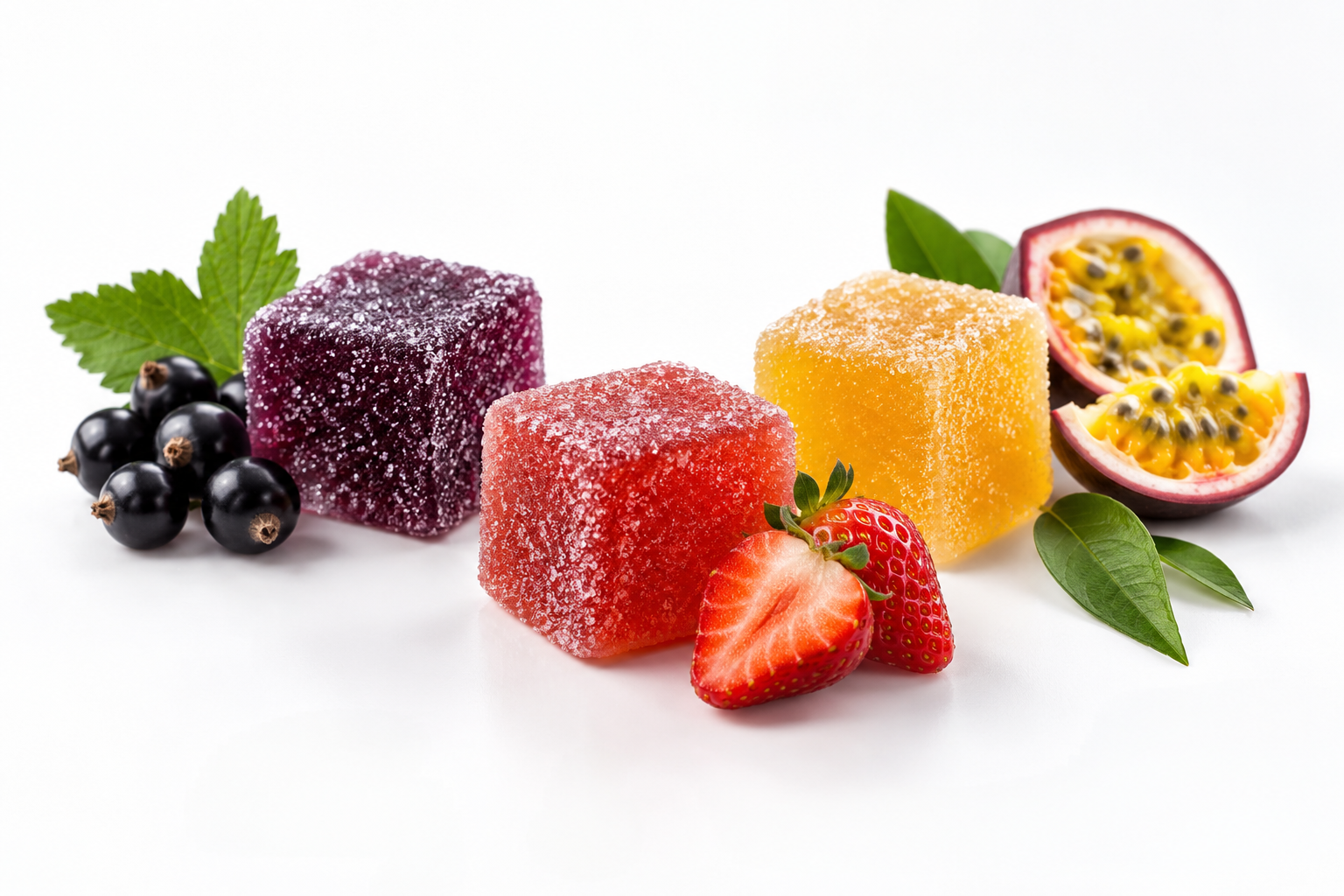 Mellow Edibles THC edibles in blackcurrant, strawberry, and passion fruit flavors