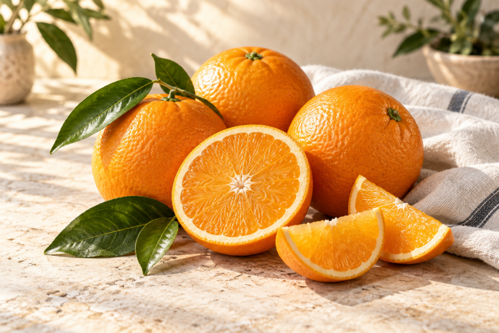 Whole oranges, a halved orange, and wedges with green leaves on a sunlit stone table.