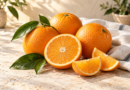 Whole oranges, a halved orange, and wedges with green leaves on a sunlit stone table.