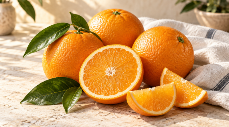 Whole oranges, a halved orange, and wedges with green leaves on a sunlit stone table.